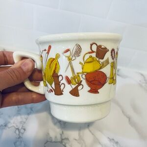 Vintage 1970s Retro Kitchen Utensil Print Coffee Mug